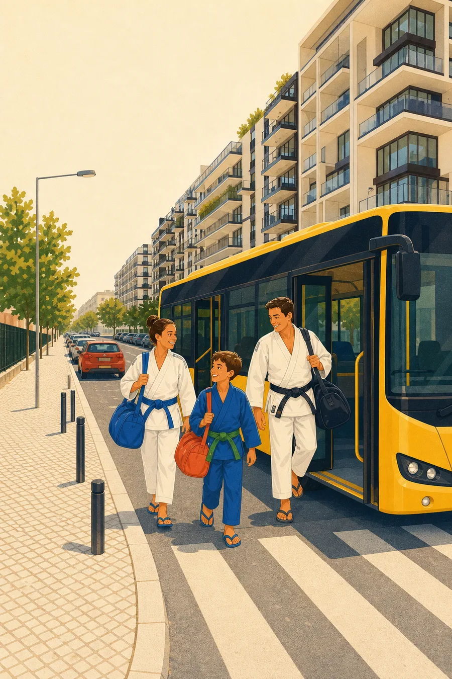 Três judocas saem de um autocarro amarelo na Rua Fernanda Botelho, junto aos edifícios contemporâneos de Benfica