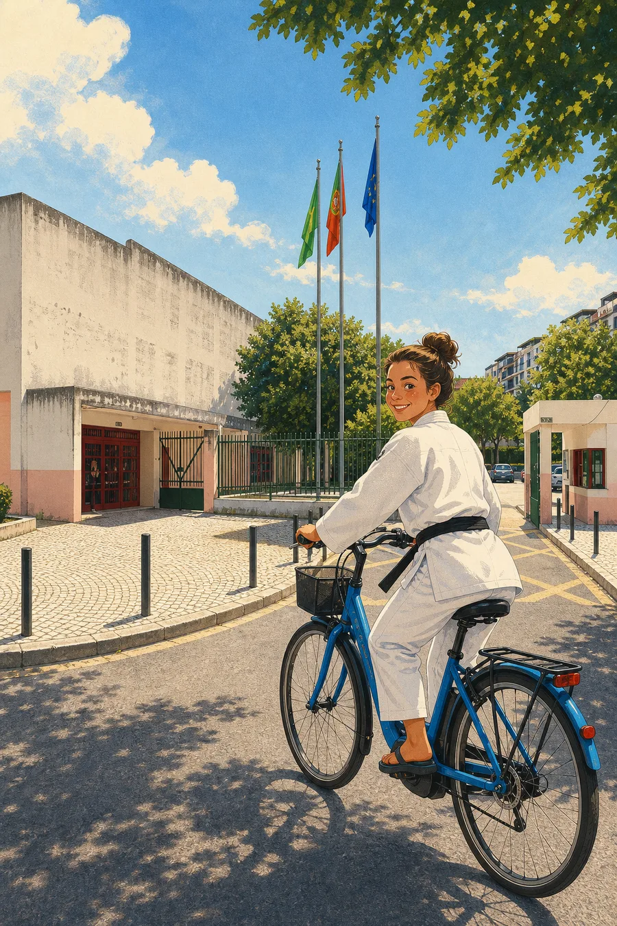 Judoca chega de bicicleta à entrada da Escola Básica Quinta de Marrocos