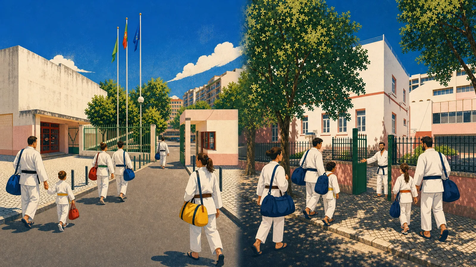Judocas a chegar aos dois locais de treino do Clube de Judo 2009: Escola Básica Quinta de Marrocos e Pavilhão da Junta de Freguesia de Benfica