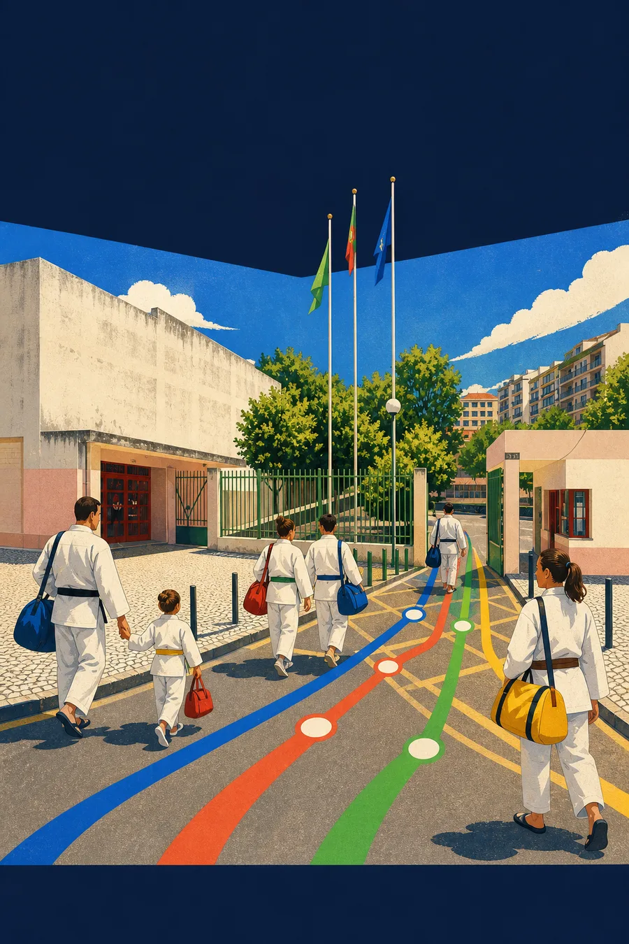 Judocas caminham para a entrada da Escola Básica Quinta de Marrocos, com o bloco branco e rosa, a porta vermelha e as grades verdes